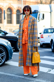 beige coat, checked, graphic jacket, leather bag, leather shoes, orange pants, orange shirt, plaid, printed jacket, sunglasses, tartan, trousers, white shoes, yellow bag, MILAN, MFW, fashion week, frenchystyle, FW, jonathan paciullo, street style, AUTUMN WINTER 2019-2020, AW 19-20, FALL WINTER 2019-2020, FW 19-20, vertical, full length