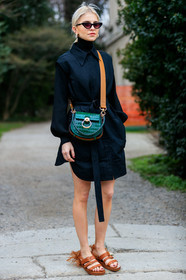 black dress, black turtleneck, camel sandals, caro daur, chloé, earrings, feathers, green bag, leather bag, leather shoes, shirt dress, sunglasses, MILAN, MFW, fashion week, frenchystyle, FW, jonathan paciullo, street style, AUTUMN WINTER 2019-2020, AW 19-20, FALL WINTER 2019-2020, FW 19-20, vertical, full length