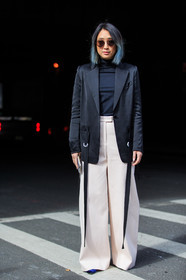 AUTUMN WINTER 2016-2017, AW 16-17, black jacket, black sweater, black turtleneck, blazer, dyed hair, FALL WINTER 2016-2017, fashion week, frenchystyle, full length, FW, FW 16-17, jonathan paciullo, NEW YORK, NYFW, street style, sunglasses, vertical, white pants, wide pants, woman