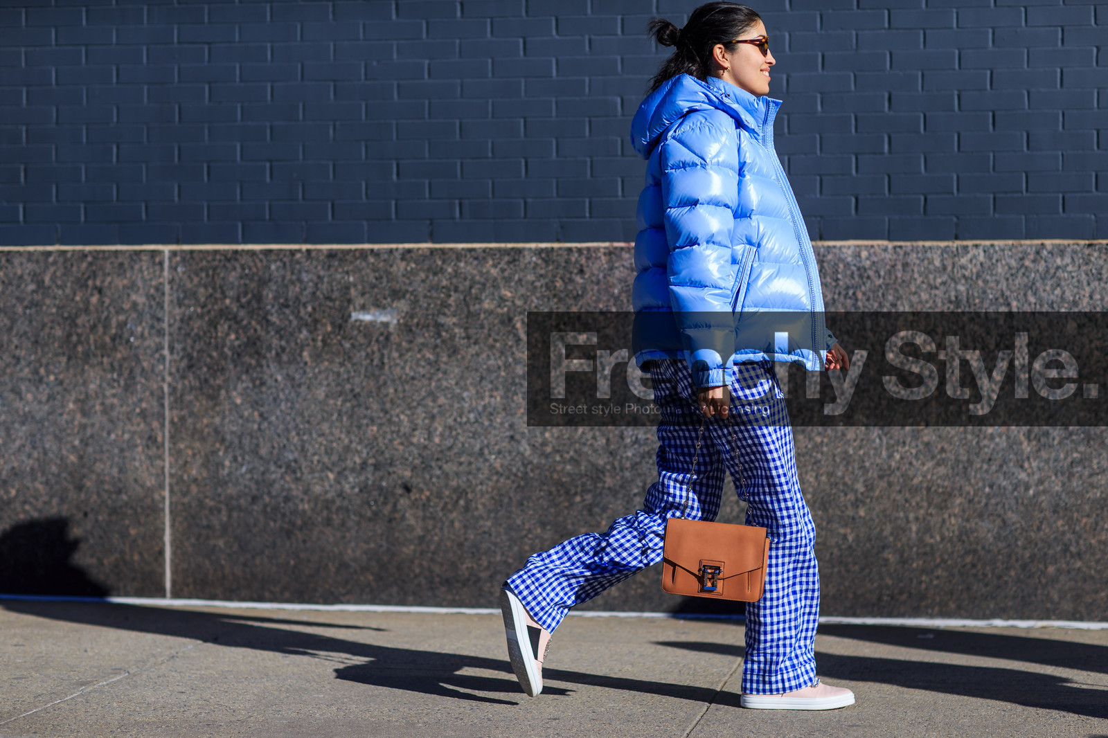 atmosphere details, AUTUMN WINTER 2016-2017, AW 16-17, beige knit, blue jacket, blue pants, blue shirt, brown bag, camel bag, caroline issa, check shirt, checked pants, down jacket, embroidered slippers, fashion week, frenchystyle, full length, FW, FW 16-17, horizontal, jonathan paciullo, leather bag, leather slippers, NEW YORK, NYFW, pink slippers, plaid, street style, sunglasses, woman