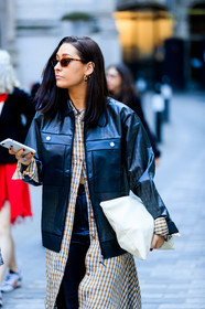black jacket, brown dress, brown shirt, checked, graphic dress, leather bag, plaid, printed dress, shirt dress, sunglasses, trousers, white bag, fashion week, frenchystyle, FW, jonathan paciullo, street style, LFW, LONDON, AUTUMN WINTER 2019-2020, AW 19-20, FW 19-20, FALL WINTER 2019-2020, vertical, atmosphere details, detail