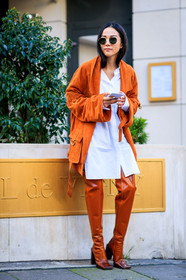 AUTUMN WINTER 2017-2018, AW 17-18, FALL WINTER 2017-2018, fashion week, frenchystyle, full length, FW, FW 17-18, high boots, high heels, jonathan paciullo, leather shoes, orange jacket, orange shoes, PARIS, PFW, street style, suede jacket, sunglasses, vertical, white shirt, yoyo cao