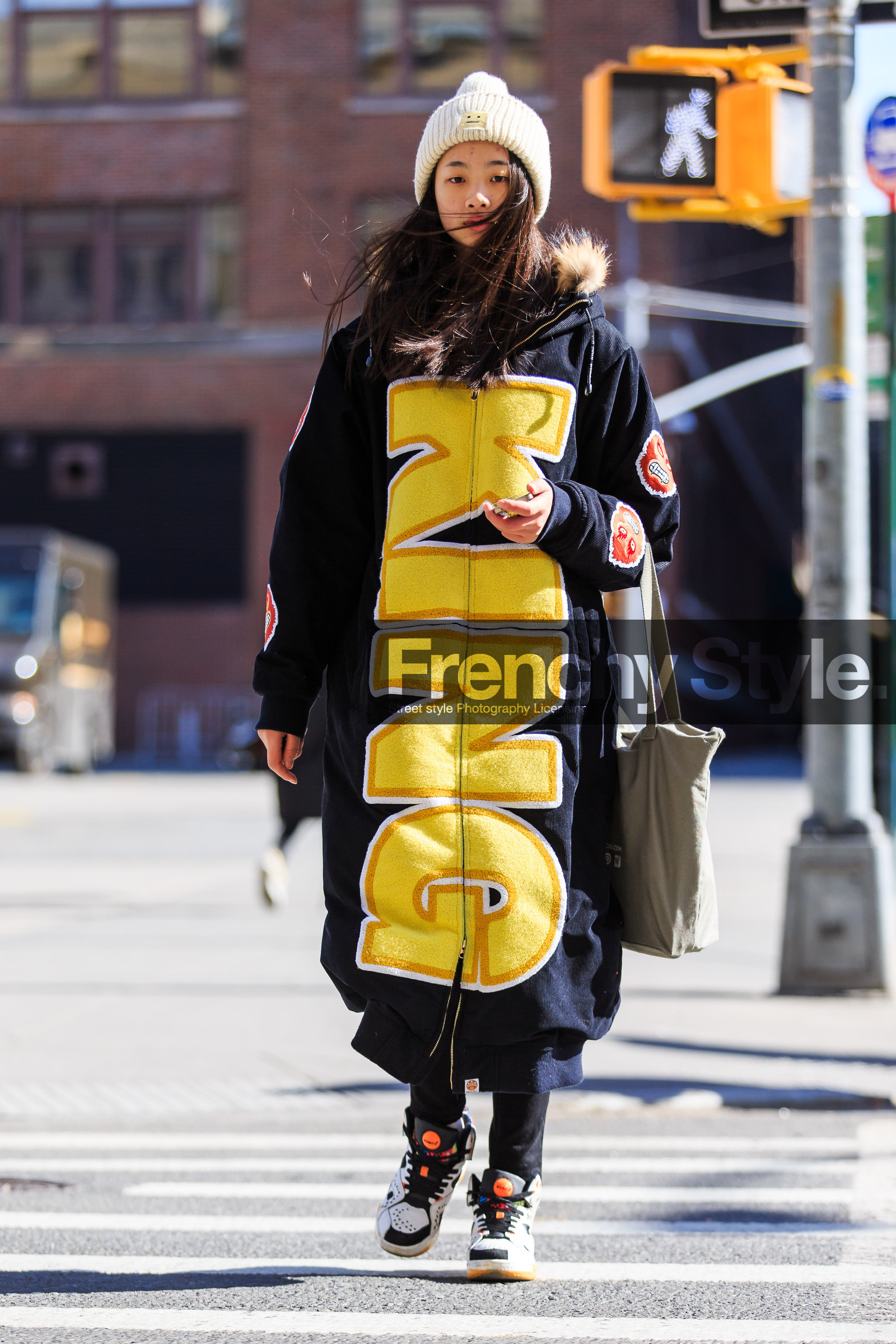 AUTUMN WINTER 2016-2017, AW 16-17, black, black coat, FALL WINTER 2016-2017, fashion week, frenchystyle, full length, FW, FW 16-17, huan zhou, jonathan paciullo, leather sneakers, long coat, model, NEW YORK, NYFW, oversize, printed coat, street style, vertical, white beanie, woman, yellow
