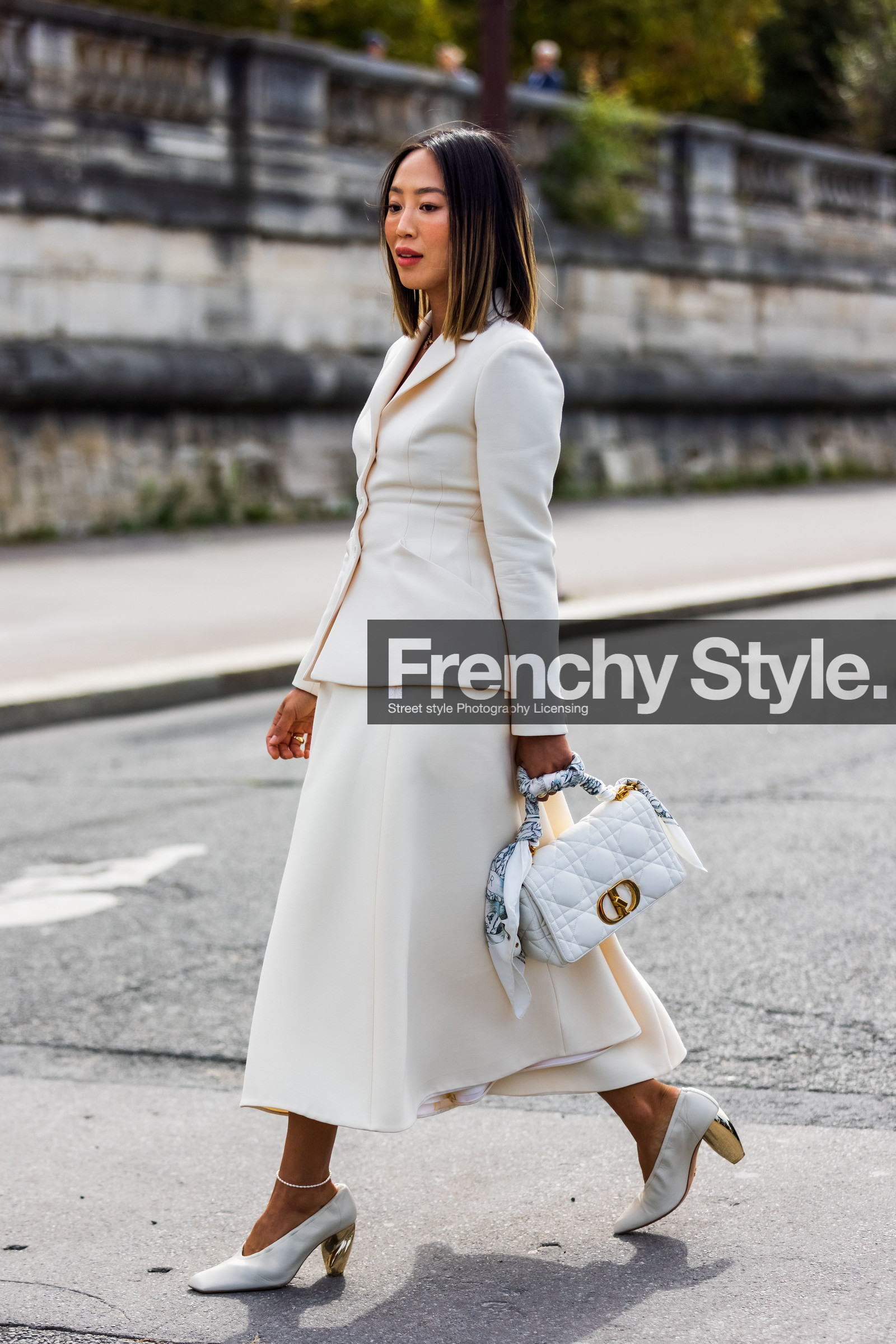 Aimee Song, ankle bracelet, bag, blazer, dior bag, long skirt, monochrome, printed scarf, pump, quilted bag, scarf, skirt, statement heels, white bag, white blazer, white monochrome, white pump, white scarf, white skirt, street style, jonathan paciullo, FW, frenchystyle, fashion week, PFW, PARIS, SPRING SUMMER 2022, SS 22, vertical, full length