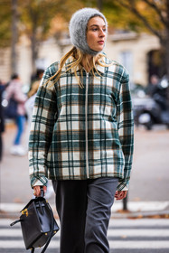 bag, balaclava, beanie, black bag, cagoule, Camille Charrière, checked jacket, green jacket, grey hat, grey pants, hat, hermes bag, jacket, leather bag, pants, print, tartan print, wool beanie, zipped jacket, fashion week, frenchystyle, FW, jonathan paciullo, street style, PFW, PARIS, SPRING SUMMER 2022, SS 22, vertical, atmosphere details