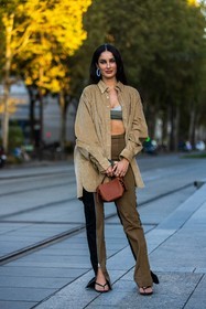 acne bag, acne studios look, bag, beige shirt, bicolor pants, black sandals, bra, brown bag, corduroy shirt, Fiona Zanetti, hoops, kakhi bra, kakhi pants, leather bag, pants, sandals, shirt, slipt pants, zipped pants, street style, jonathan paciullo, FW, frenchystyle, fashion week, PFW, PARIS, SPRING SUMMER 2022, SS 22, vertical, full length