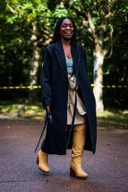 beige skirt, black coat, blue crop top, boots, camel boots, coat, crop top, high boots, leather boots, Rajni Lucienne Jacques, skirt, street style, jonathan paciullo, FW, frenchystyle, fashion week, PFW, PARIS, SPRING SUMMER 2022, SS 22, vertical, full length