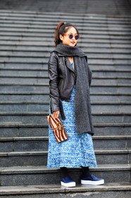 AUTUMN WINTER 2016-2017, AW 16-17, black jacket, black perfecto, blue dress, blue slippers, brown bag, FALL WINTER 2016-2017, fashion week, frenchystyle, full length, FW, FW 16-17, grey scarf, jonathan paciullo, leather jacket, leather perfecto, PARIS, PFW, printed clutch, roger vivier, street style, sunglasses, vertical