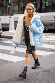 Vanessa Hong, bag, white bag, blue coat, black dress, coat, dress, miu miu look, short dress, statement dress, strap dress, strass, puffer, blue puffer, necklace, silver necklace, sunglasses, white sunglasses, fashion week, frenchystyle, FW, jonathan paciullo, street style, PFW, PARIS, SPRING SUMMER 2022, SS 22, vertical, full length