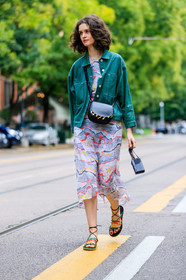 black bag, black sandals, black shoes, camera, chloe hill, fashion week, frenchystyle, full length, FW, green jacket, jonathan paciullo, leather bag, leather shoes, MFW, MILAN, printed dress, SPRING SUMMER 2017, SS 17, street style, trousers, vertical