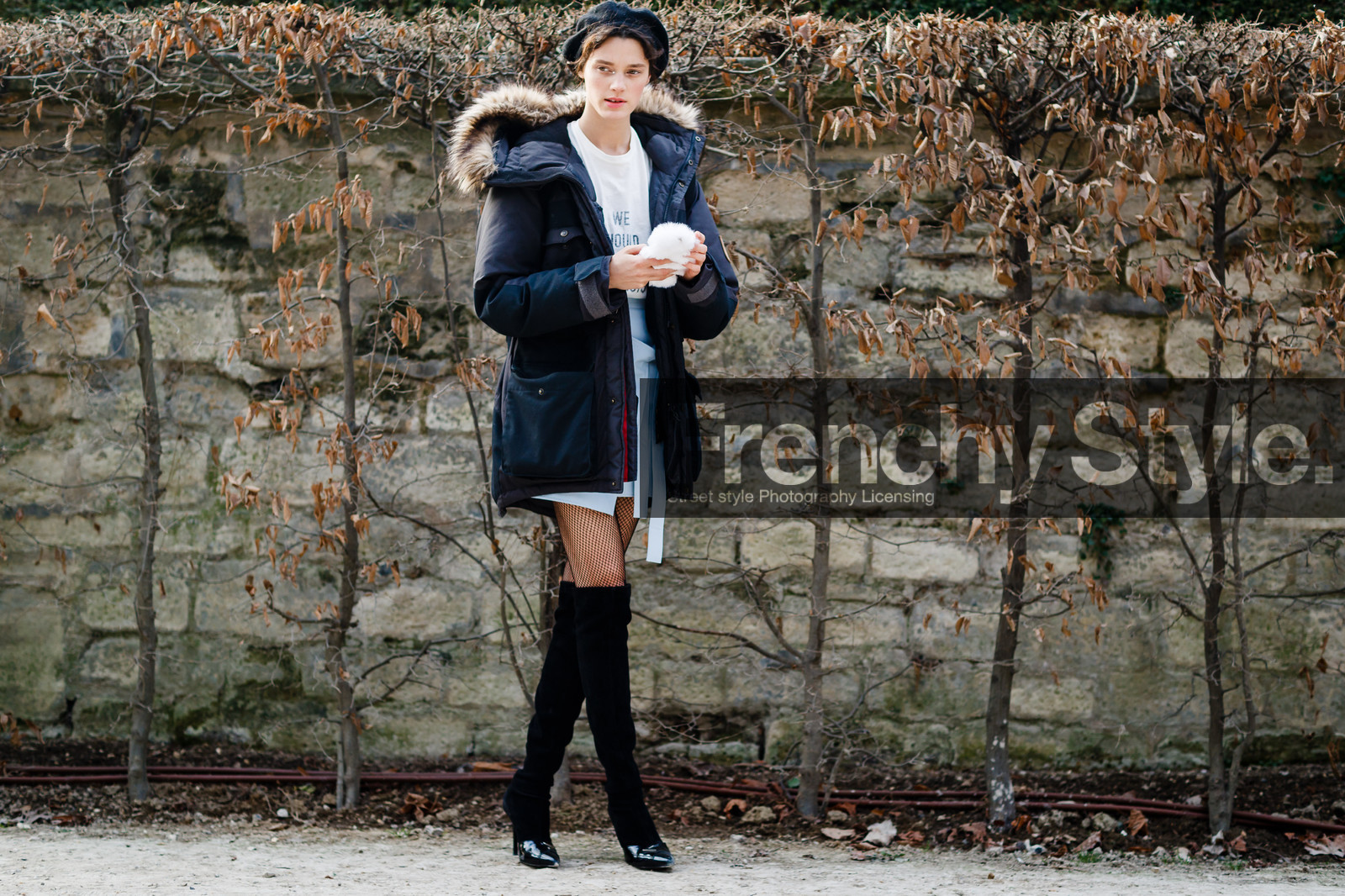 black shoes, christian dior, high heels, leather shoes, printed t shirt, black jacket, blue skirt, down jacket, fishnet, hood, tights, white t shirt, fashion week, frenchystyle, FW, jonathan paciullo, street style, PFW, PARIS, SPRING SUMMER 2017, SS 17, HAUTE COUTURE, atmosphere details, full length, horizontal, model