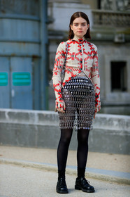 black shoes, graphic skirt, graphic sweater, leather shoes, metallic skirt, molly and reese blustein, paco rabanne, printed skirt, printed sweater, silver skirt, tights, white sweater, PARIS, PFW, street style, jonathan paciullo, FW, frenchystyle, fashion week, AUTUMN WINTER 2019-2020, AW 19-20, FALL WINTER 2019-2020, FW 19-20, vertical, full length