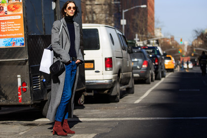 alana zimmer, atmosphere details, AUTUMN WINTER 2016-2017, AW 16-17, black belt, black turtleneck, blue denim, blue sweater, denim pants, FALL WINTER 2016-2017, fashion week, frenchystyle, full length, FW, FW 16-17, grey coat, horizontal, jeans, jonathan paciullo, leather belt, long coat, model, NEW YORK, NYFW, red boots, street style, suede shoes, sunglasses, trousers, woman