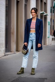 Astrid Boutrot, bag, boots, brown bag, crop top, croppted top, denim, gucci bag, jacket, jean, khaki boots, light blue denim, light blue jean, logo print, long jacket, mariniere, navy jacket, print, printed bag, red top, small bag, straigh jeans, straigh pants, stripes, stripes jacket, white crop top, fashion week, frenchystyle, FW, jonathan paciullo, street style, PFW, PARIS, SPRING SUMMER 2022, SS 22, vertical, full length