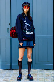 ana cristina, AUTUMN WINTER 2016-2017, AW 16-17, black cap, black socks, black sweater, blue shoes, choker, FALL WINTER 2016-2017, fashion week, frenchystyle, full length, FW, FW 16-17, grey dress, HAUTE COUTURE, high socks, jonathan paciullo, leather shoes, MENSWEAR, model, PARIS, PFW, printed sweater, street style, sunglasses, vertical