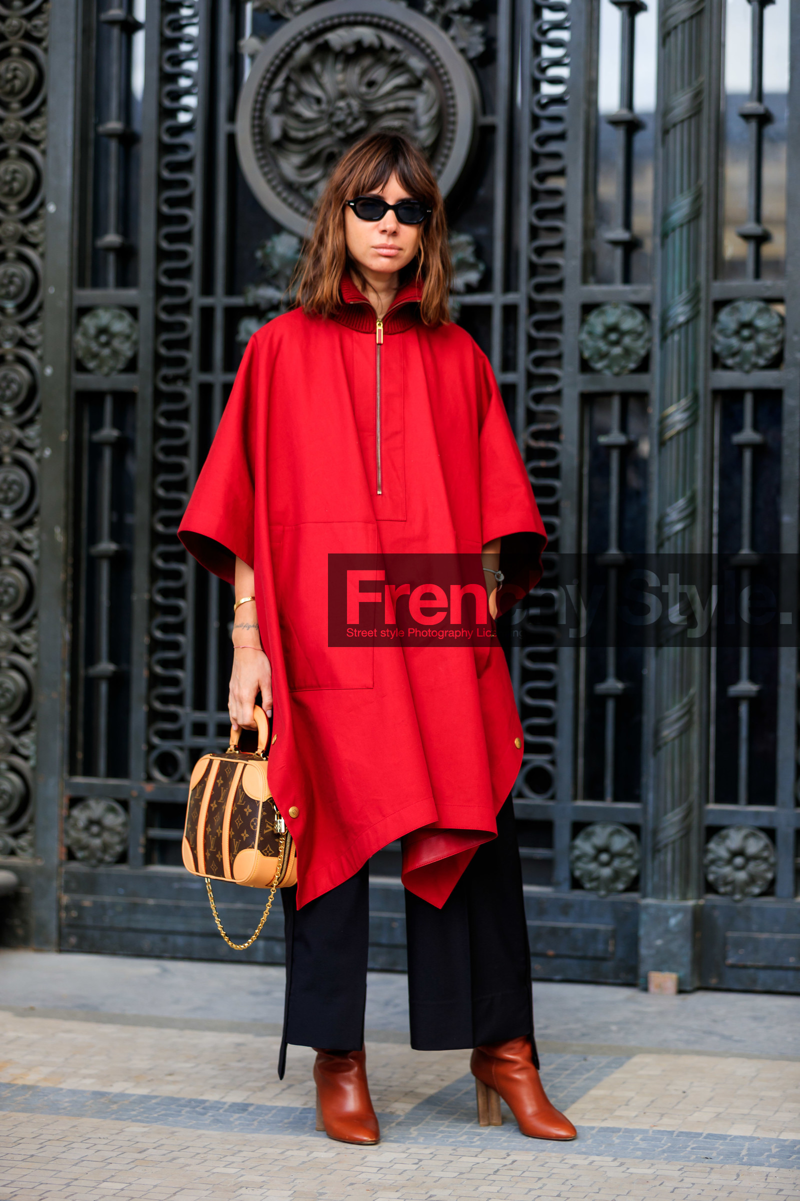 black pants, brown bag, brown boots, graphic bag, high heels, leather bag, leather shoes, louis vuitton, monogram, natasha goldenberg, printed bag, red coat, sunglasses, trousers, PARIS, PFW, street style, jonathan paciullo, FW, frenchystyle, fashion week, AUTUMN WINTER 2019-2020, AW 19-20, FALL WINTER 2019-2020, FW 19-20, vertical, full length