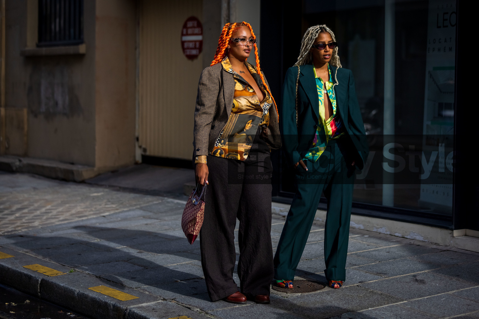 bag, blazer, brown blazer, brown pants, brown shirt, dior bag, flare pants, glasses, hairstyle, houndstooth print, logo bag, orange hair, pants, print, printed shirt, wool pants, yellow shirt, bag, blazer, color, green blazer, green pants, green shirt, green suit, pants, printed shirt, python bag, shirt, suit, sunglasses, street style, jonathan paciullo, FW, frenchystyle, fashion week, PFW, PARIS, SPRING SUMMER 2022, SS 22, horizontal, atmosphere details