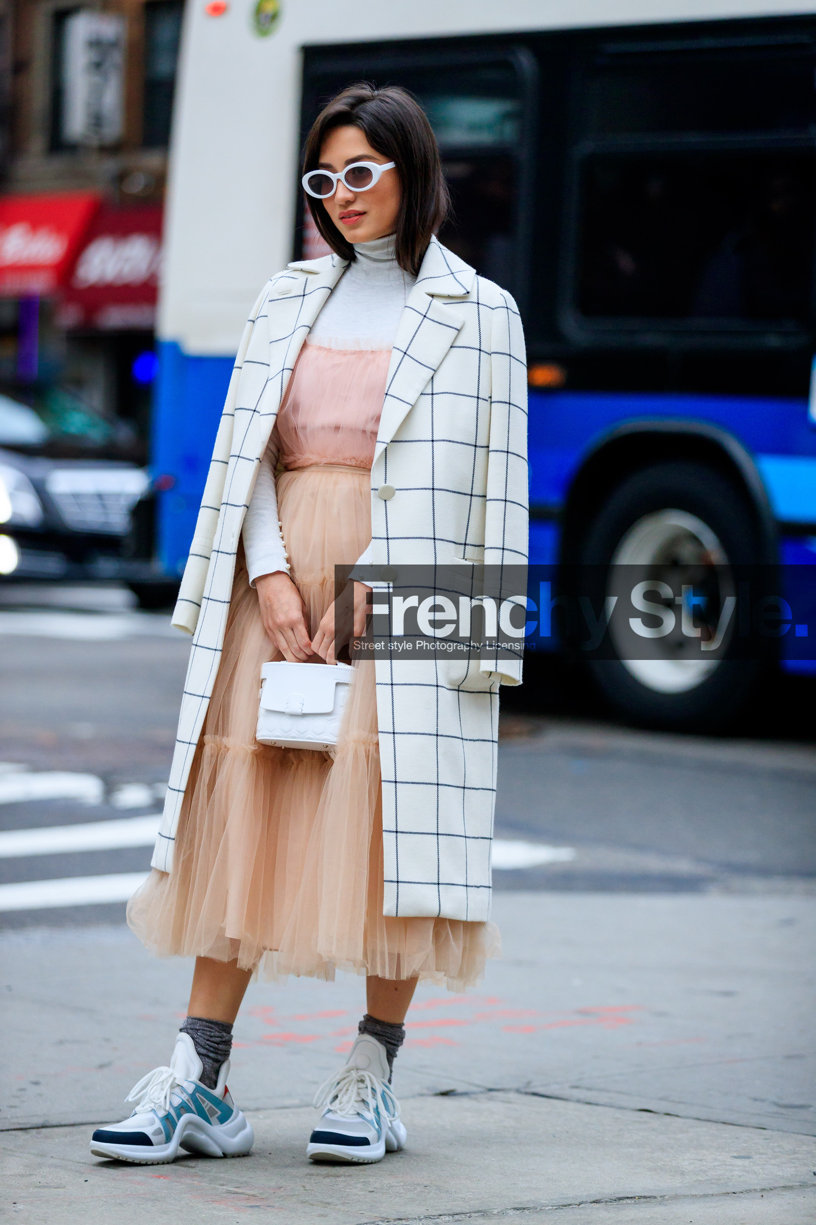 checked, checked coat, graphic jacket, leather bag, leather shoes, louis vuitton, over the shoulder, pink dress, plaid, printed jacket, sunglasses, tartan, white bag, white coat, white sneakers, street style, jonathan paciullo, FW, frenchystyle, fashion week, NYFW, NEW YORK, AUTUMN WINTER 2018-2019, AW 18-19, FALL WINTER 2018-2019, FW 18-19, vertical, full length