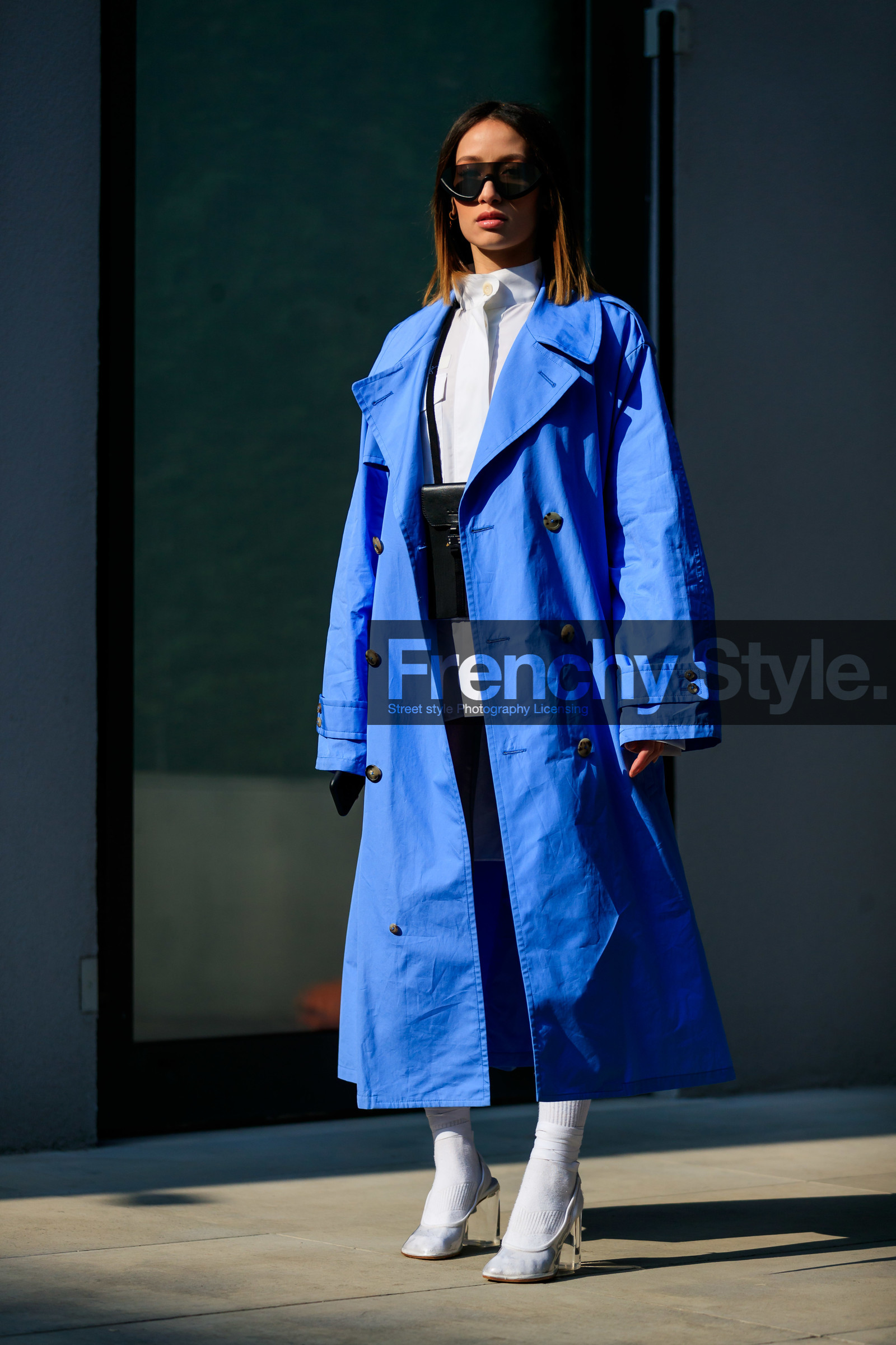 alexandra guerain, black bag, blue coat, high heels, leather bag, leather shoes, mini bag, sunglasses, transparent shoes, white shirt, white shoes, white socks, MILAN, MFW, fashion week, frenchystyle, FW, jonathan paciullo, street style, AUTUMN WINTER 2019-2020, AW 19-20, FALL WINTER 2019-2020, FW 19-20, vertical, full length