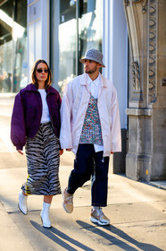 alice & j.s, animal print, blue denim, blue hat, bomber jacket, bucket hat, denim pants, graphic skirt, grey skirt, high heels, jeans, leather shoes, multicolor sweater, pink jacket, pink sneakers, printed skirt, purple jacket, silver skirt, sunglasses, trousers, white shirt, white shoes, white t shirt, zebra, PARIS, PFW, street style, jonathan paciullo, FW, frenchystyle, fashion week, AUTUMN WINTER 2019-2020, AW 19-20, FALL WINTER 2019-2020, FW 19-20, vertical, full length