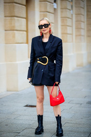 justyna czerniak, black jacket, black sunglasses, black leather belt, jacket dress, belted dress, belted jacket, mini dress, big belt, big buckle belt, golden buckle belt, bottega veneta belt, big sunglasses, square shape glasses, red bag, hand bag, prada bag, red earring, dangling earrings, black leather boots, quilted boots, low boots, flat boots, chelsea boots, big sole boots, fashion week, frenchystyle, FW, jonathan paciullo, street style, PFW, PARIS, SPRING SUMMER 2021, SS 21, vertical, full length
