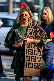 black and white bag, brown scarf, fendi, graphic bag, green dress, hair clip, leather bag, monogram, printed bag, printed scarf, sunglasses, MILAN, MFW, fashion week, frenchystyle, FW, jonathan paciullo, street style, AUTUMN WINTER 2019-2020, AW 19-20, FALL WINTER 2019-2020, FW 19-20, vertical, atmosphere details, detail