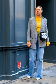 black and white bag, blazer, blue denim, checked jacket, denim pants, fashion week, frenchystyle, full length, FW, graphic bag, graphic jacket, grey jacket, jeans, jonathan paciullo, leather bag, leather shoes, LFW, LONDON, off white, plaid, printed bag, printed jacket, SPRING SUMMER 2018, SS 18, street style, striped bag, trousers, vertical, yellow sweater