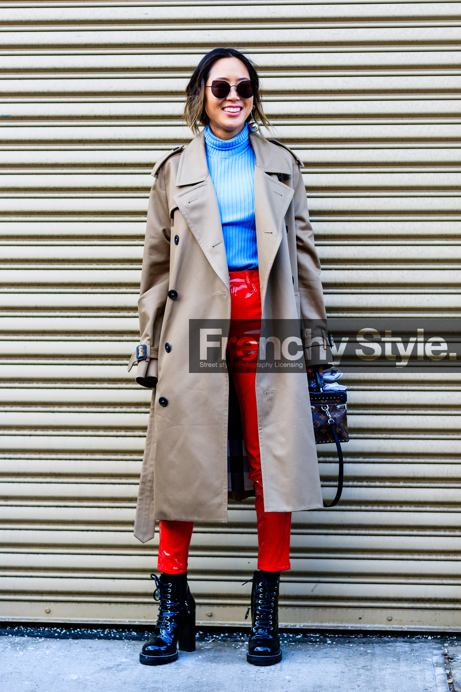 aimee song, AUTUMN WINTER 2017-2018, AW 17-18, beige coat, black boots, blue sweater, brown bag, FALL WINTER 2017-2018, fashion week, frenchystyle, full length, FW, FW 17-18, high heels, jonathan paciullo, leather bag, leather boots, leather pants, louis vuitton, monogram, NEW YORK, NYFW, printed bag, red pants, street style, sunglasses, trench coat, trousers, vertical, vinyl