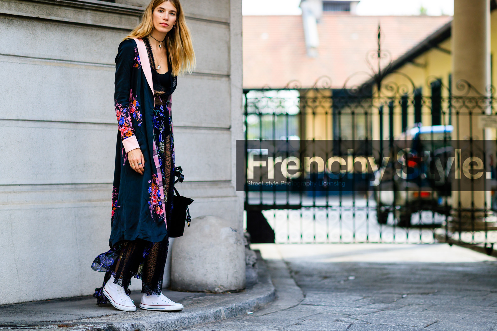 atmosphere details, black bra, black dress, converse, detail, fashion week, floral, flower, frenchystyle, FW, horizontal, jonathan paciullo, lace, lace dress, leather bag, leather shoes, MFW, MILAN, printed dress, robe, SPRING SUMMER 2017, SS 17, street style, tights, veronika heilbrunner, white sneakers