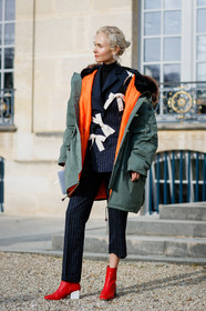 bow, brown fur, graphic suit, green coat, high heels, hood, leather shoes, navy jacket, navy pants, navy suit, parka, printed jacket, printed pants, printed suit, red lips, striped jacket, striped pants, striped suit, trousers, fashion week, frenchystyle, FW, jonathan paciullo, street style, PFW, PARIS, SPRING SUMMER 2017, SS 17, HAUTE COUTURE, vertical, full length, olga karput