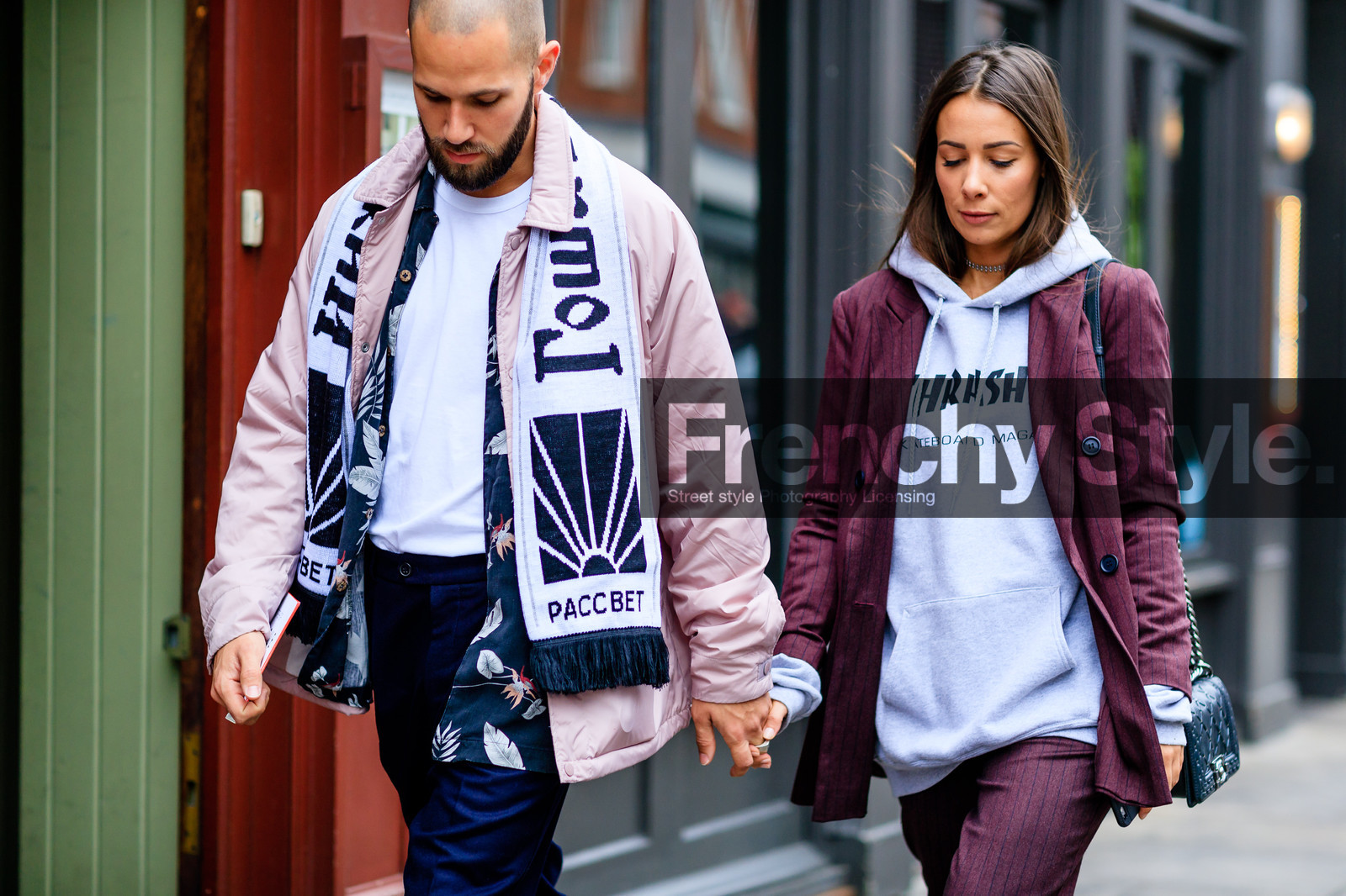 Alice & Js, atmosphere details, blazer, bordeaux, burgundy, detail, fashion week, frenchystyle, FW, grey sweater, gucci, horizontal, jonathan paciullo, LFW, LONDON, navy pants, pink jacket, printed scarf, printed sweater, red jacket, red pants, red suit, SPRING SUMMER 2017, SS 17, street style, striped jacket, striped pants, striped suit, trasher, trousers, white scarf, white t shirt, woman