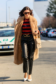 diletta bonaiuti, beige coat, fur coat, red pullover, striped pullover, black leather pants, black leather belt, belted pants, black sunglasses, square shape glasses, smoked sunglasses, white leather shoes, sharp end shoes, beige leather bag, navy blue pullover, fashion week, frenchystyle, FW, jonathan paciullo, street style, MFW, MILAN, AUTUMN WINTER 2020-2021, FALL WINTER 2020-2021, FW 20-21, vertical, full length