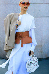beige jacket, blazer, brown belt, leather bag, leather belt, loewe, over the shoulder, sunglasses, tods, viktoria rader, white bag, white dress, MILAN, MFW, fashion week, frenchystyle, FW, jonathan paciullo, street style, AUTUMN WINTER 2019-2020, AW 19-20, FALL WINTER 2019-2020, FW 19-20, vertical, atmosphere details, detail