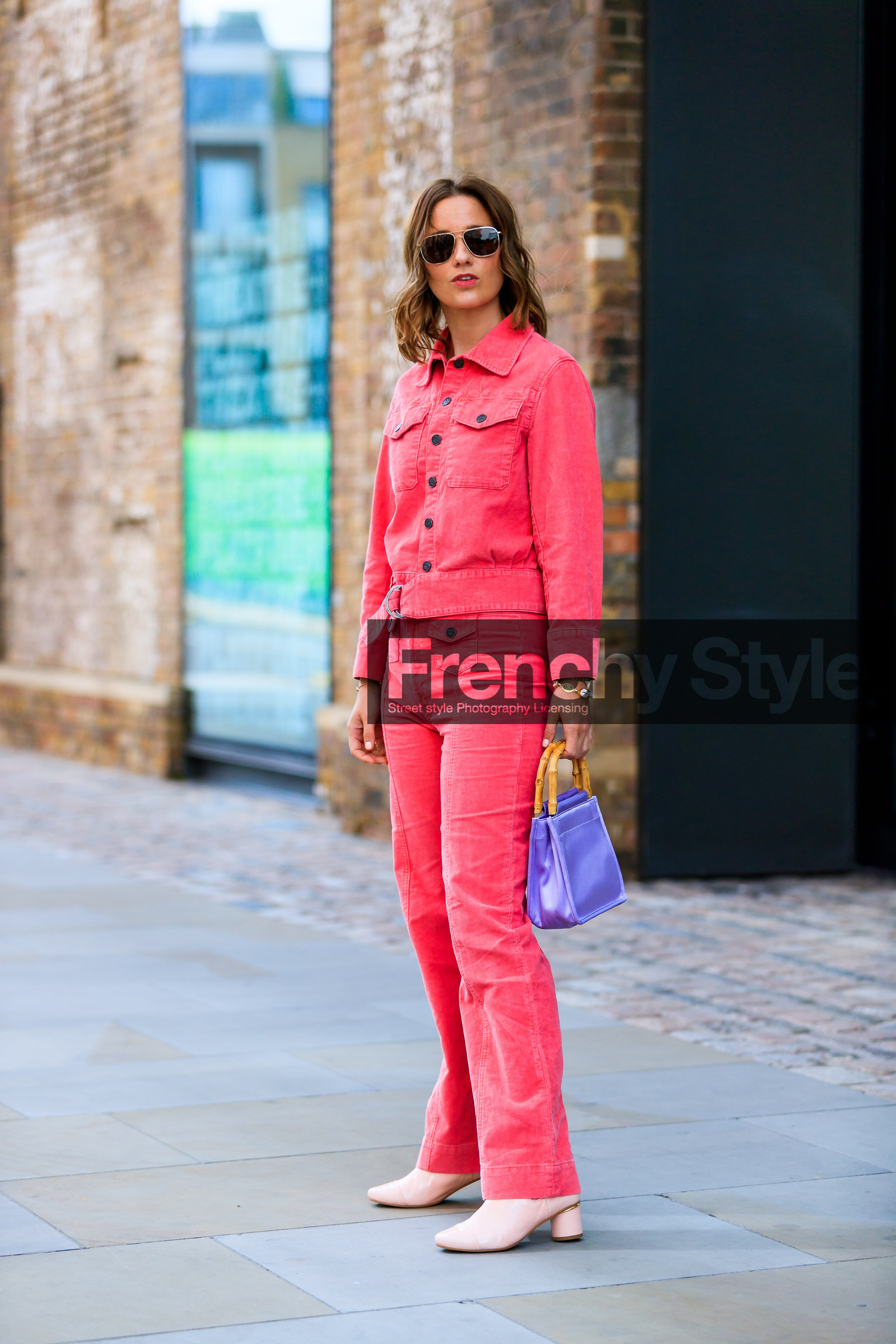 corduroy, leather bag, leather shoes, pink jacket, pink pants, pink shoes, purple bag, sunglasses, trousers, fashion week, frenchystyle, FW, jonathan paciullo, street style, LFW, LONDON, SPRING SUMMER 2019, SS 19, vertical, full length