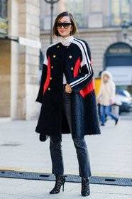 black boots, black coat, black denim, black fur coat, black shoes, denim pants, earrings, Fur coat, high heels, jeans, leather shoes, printed shoes, striped coat, striped jacket, sunglasses, trousers, turtleneck sweater, fashion week, frenchystyle, FW, jonathan paciullo, street style, PFW, PARIS, SPRING SUMMER 2017, SS 17, HAUTE COUTURE, vertical, full length, Chriselle Lim