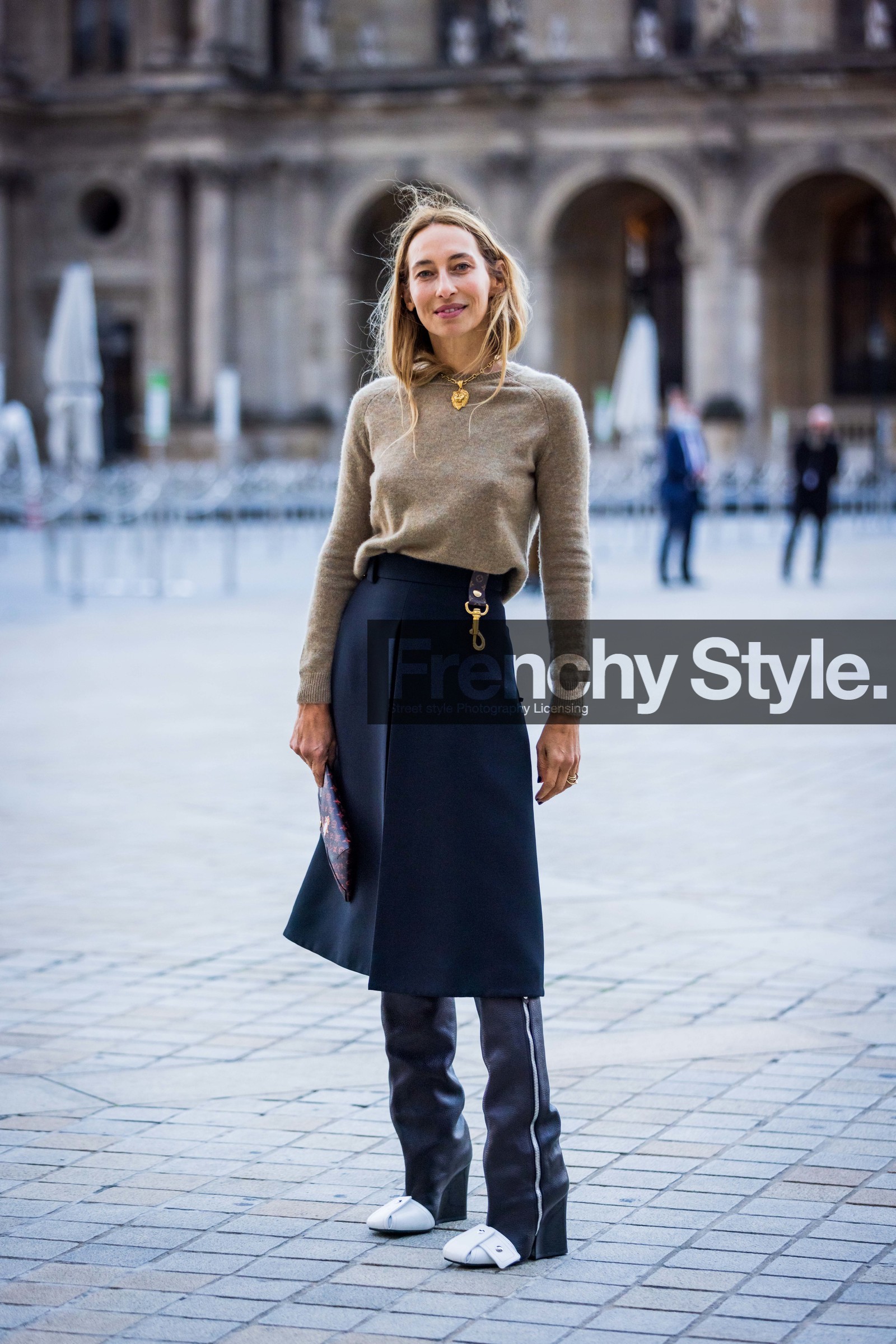 Alexandra Golovanoff, beige knitwear, bicolor shoes, black boots, black skirt, boots, gold necklace, high boots, knitwear, leather boots, louis vuitton look, midi skirt, necklace, skirt, fashion week, frenchystyle, FW, jonathan paciullo, street style, PFW, PARIS, SPRING SUMMER 2022, SS 22, vertical, full length