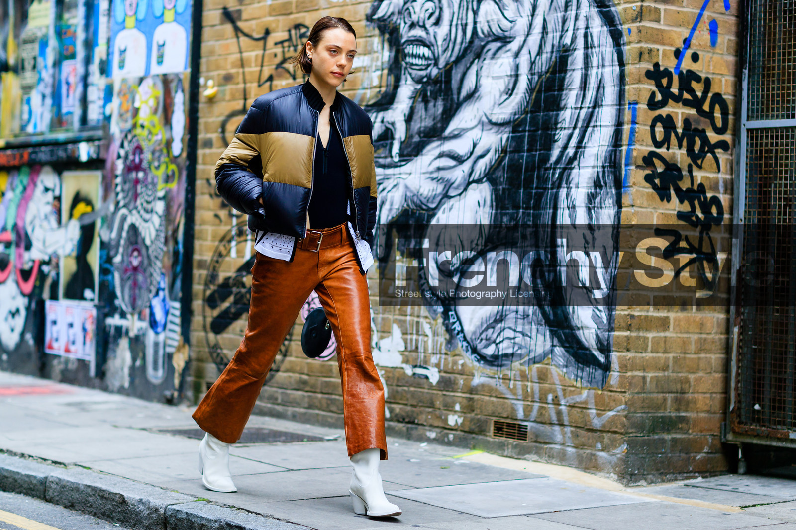 atmosphere details, black jacket, black top, body, brown pants, down jacket, fashion week, frenchystyle, full length, FW, georgia pendlebury, graphic bag, graphic jacket, high heels, horizontal, jonathan paciullo, leather pants, leather shoes, LFW, LONDON, printed jacket, SPRING SUMMER 2017, SS 17, street style, trousers, white boots, woman