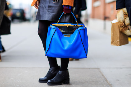 atmosphere details, AUTUMN WINTER 2016-2017, AW 16-17, black shoes, black skirt, blue bag, detail, FALL WINTER 2016-2017, fashion week, fendi, frenchystyle, FW, FW 16-17, horizontal, jonathan paciullo, leather bag, leather shoes, leather skirt, NEW YORK, NYFW, street style, tights, woman