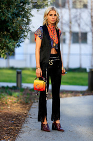 black jacket, black pants, blue denim, bordeaux, bracelet, burgundy, caro daur, chloé, denim pants, earrings, graphic top, high heels, jeans, leather bag, leather shoes, orange bag, orange top, printed top, red bag, red shoes, sleeveless, trousers, vest, white belt, yellow bag, PARIS, PFW, street style, jonathan paciullo, FW, frenchystyle, fashion week, AUTUMN WINTER 2019-2020, AW 19-20, FALL WINTER 2019-2020, FW 19-20, vertical, full length