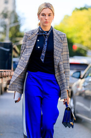 atmosphere details, black sweater, blazer, blue bag, blue pants, brown jacket, camille charriere, checked jacket, detail, fashion week, frenchystyle, FW, graphic jacket, jonathan paciullo, leather bag, NEW YORK, NYFW, plaid, printed scarf, SPRING SUMMER 2018, SS 18, street style, suede bag, trousers, vertical