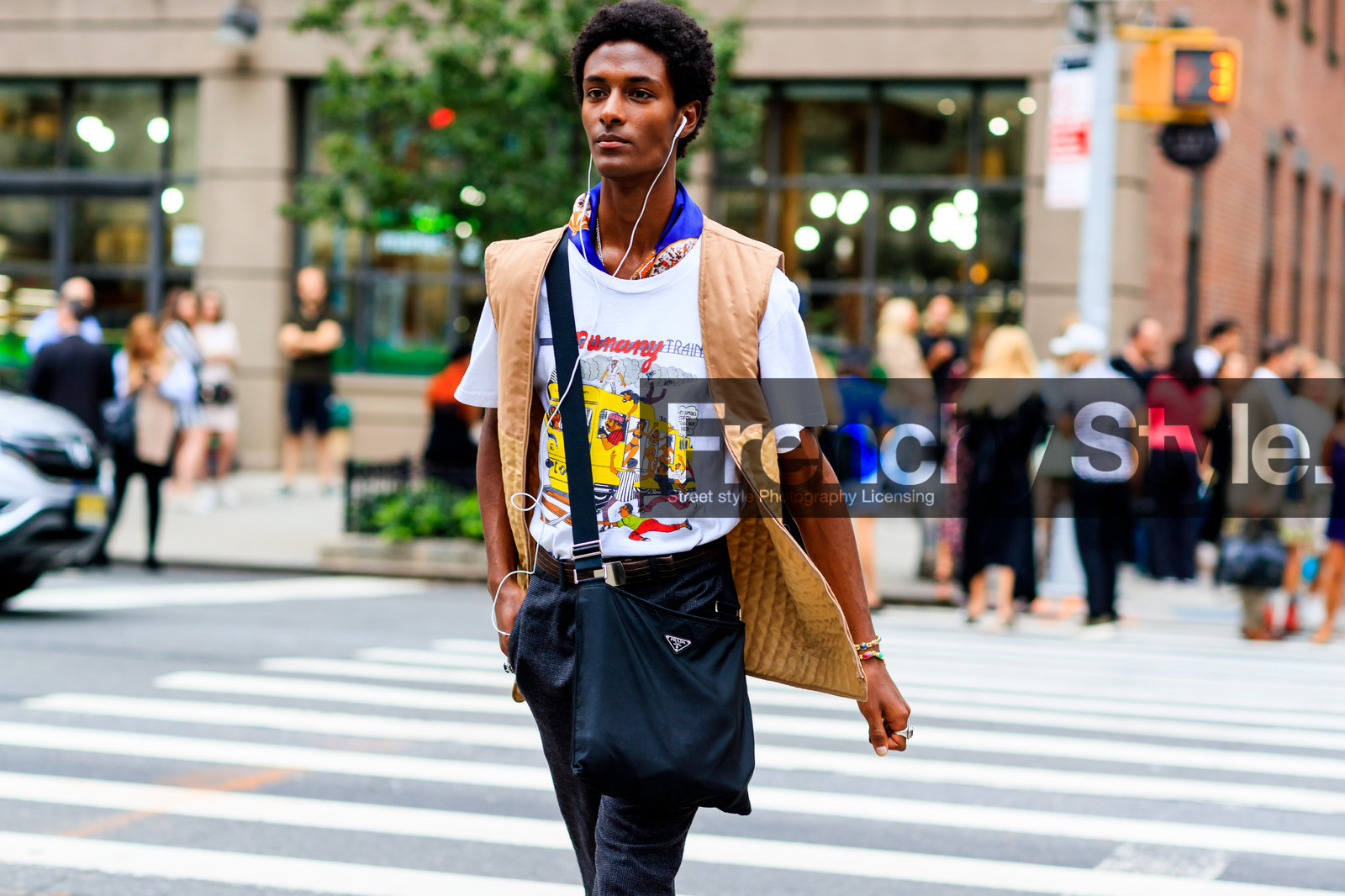 beige jacket, black bag, blue scarf, grey pants, headphones, leather bag, model, prada, printed t shirt, sleeveless, trousers, vest, white t shirt, fashion week, frenchystyle, FW, jonathan paciullo, street style, NYFW, NEW YORK, SPRING SUMMER 2019, SS 19, atmosphere details, horizontal, detail