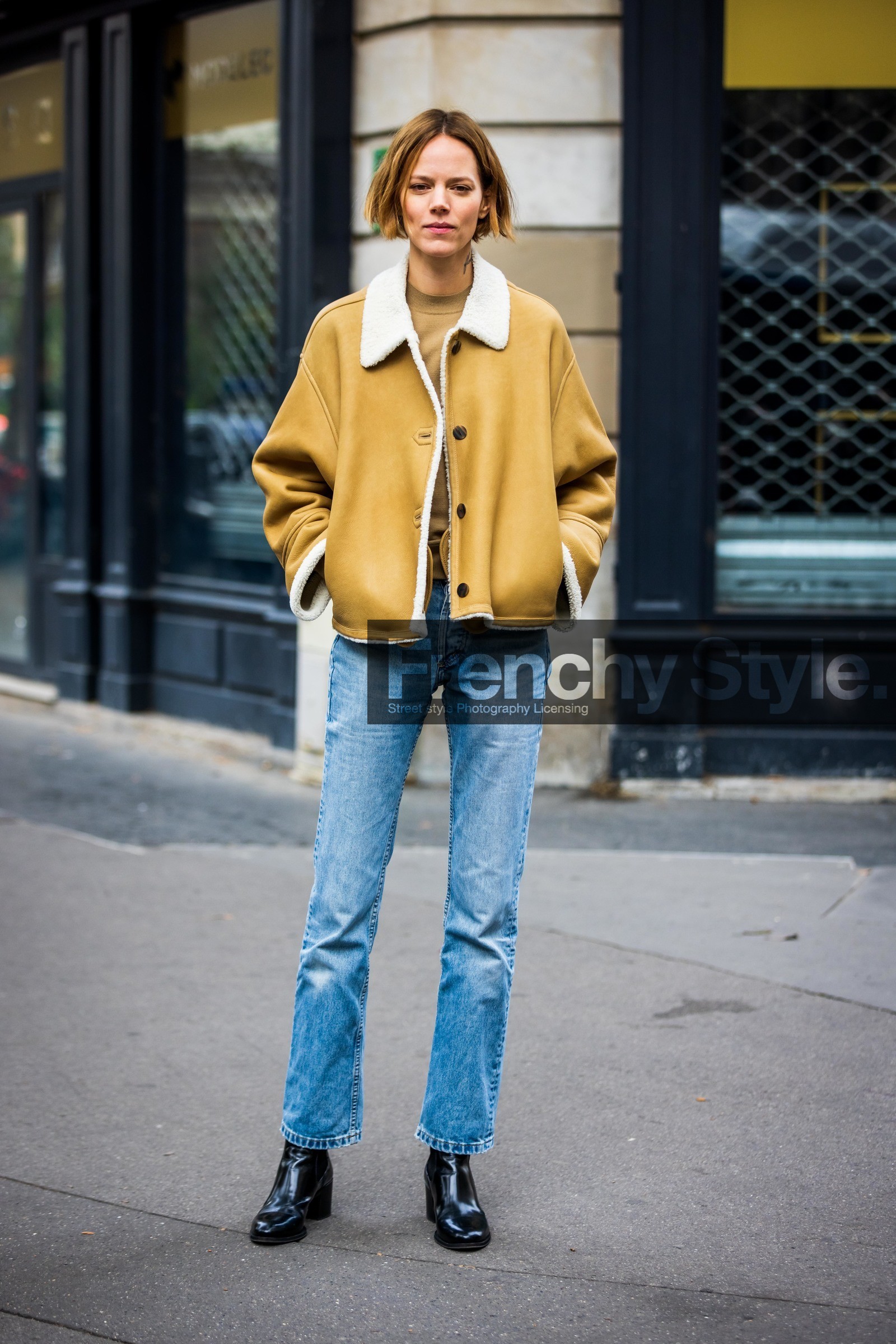 black boots, blue denim, blue jean, boots, camel coat, coat, denim, Freja Beha Erichsen, jean, leather boots, leather coat, shearling, straight jean, street style, jonathan paciullo, FW, frenchystyle, fashion week, PFW, PARIS, SPRING SUMMER 2022, SS 22, vertical, full length, model