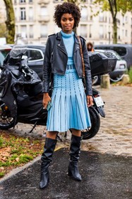 black boots, black perfecto, Blesnya Minher, blue dress, boots, dress, high boots, jacket, leather jacket, leather perfecto, perfecto, fashion week, frenchystyle, FW, jonathan paciullo, street style, PFW, PARIS, SPRING SUMMER 2022, SS 22, vertical, full length