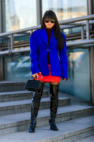 black bag, black shoes, blazer, blue jacket, high boots, high heels, leaf greener, leather bag, leather shoes, red skirt, sunglasses, varnished leather shoes, PARIS, PFW, street style, jonathan paciullo, FW, frenchystyle, fashion week, AUTUMN WINTER 2019-2020, AW 19-20, FALL WINTER 2019-2020, FW 19-20, vertical, full length