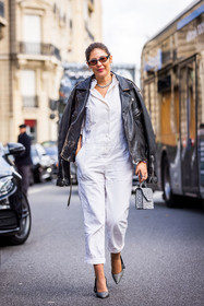 bag, black and white, black and white bag, black perfecto, grey pumps, jacket, jumpsuit, leather bag, leather jacket, overalls, perfecto, pumps, strass, sunglasses, white overalls, fashion week, frenchystyle, FW, jonathan paciullo, street style, PFW, PARIS, SPRING SUMMER 2022, SS 22, vertical, full length