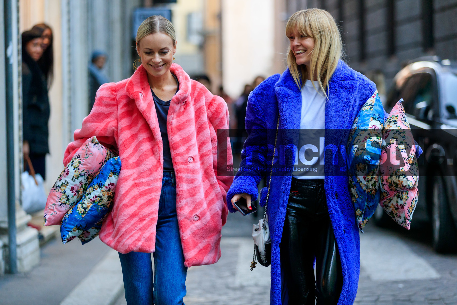 black and white bag, black pants, blue denim, blue fur coat, denim pants, fur jacket, graphic bag, graphic jacket, jeanette madsen, jeans, leather bag, leather pants, pink fur, pink jacket, printed bag, printed jacket, stripes, thora valdimars, trousers, white t shirt, MILAN, MFW, fashion week, frenchystyle, FW, jonathan paciullo, street style, AUTUMN WINTER 2019-2020, AW 19-20, FALL WINTER 2019-2020, FW 19-20, atmosphere details, detail, horizontal