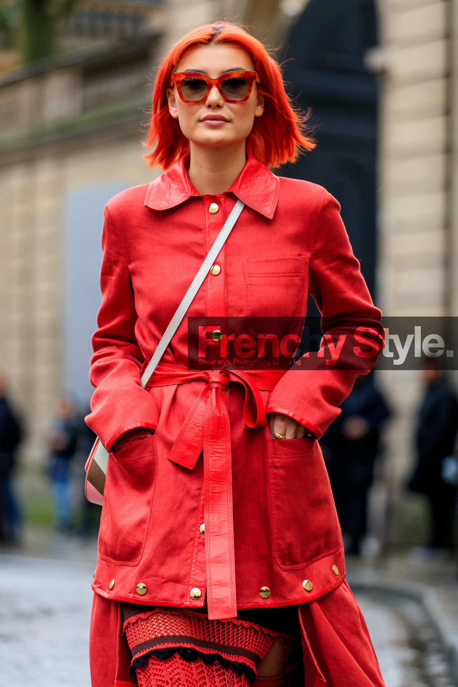 amalie gassmann, orange hair, red sunglasses, red jacket, red skirt, red total look, red leather jacket, belted jacket, button jacket, fashion week, frenchystyle, FW, jonathan paciullo, street style, PFW, PARIS, AUTUMN WINTER 2020-2021, FALL WINTER 2020-2021, FW 20-21, vertical, atmosphere details, detail
