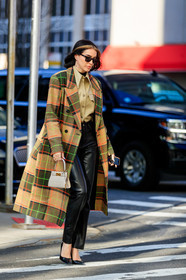 brittany xavier, beige coat, beige leather shirt, camel coat, checked coat, orange coat, neon green coat, black leather pants, black leather shoes, white leather bag, mini bag, tory burch bag, animal skin bag, fashion week, frenchystyle, FW, jonathan paciullo, street style, FALL WINTER 2020-2021, AUTUMN WINTER 2020-2021, FW 20-21, vertical, full length, NYFW, NEW YORK