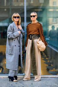 animal print, beige bag, beige pants, black shoes, brown belt, brown sweater, céline, green belt, grey coat, grey jacket, grey pants, grey suit, high heels, jeanette madsen, leather bag, leather belt, leather shoes, maison martin margiela, ruffles, snake print, sunglasses, thora valdimars, trousers, MILAN, MFW, fashion week, frenchystyle, FW, jonathan paciullo, street style, AUTUMN WINTER 2019-2020, AW 19-20, FALL WINTER 2019-2020, FW 19-20, vertical, full length