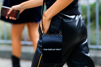 black bag, black pants, graphic bag, leather bag, leather pants, off white, printed bag, trousers, xenia adonts, street style, jonathan paciullo, FW, frenchystyle, fashion week, NYFW, NEW YORK, SPRING SUMMER 2019, SS 19, atmosphere details, horizontal, detail